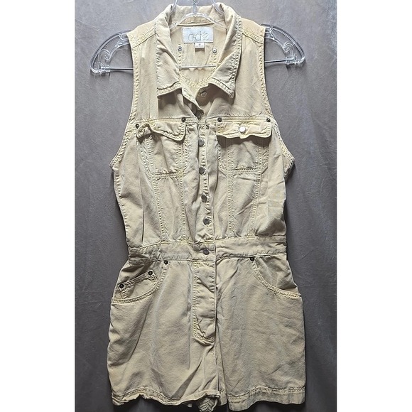 Vintage CACHE Sleeveless Romper Jumper Dusty Yellow Double Front Pockets Y2K - Picture 1 of 8